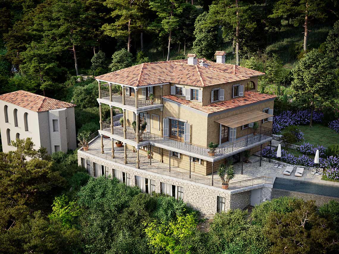 Vogelperspektive einer französischen Villa, 3D-Visualisierung