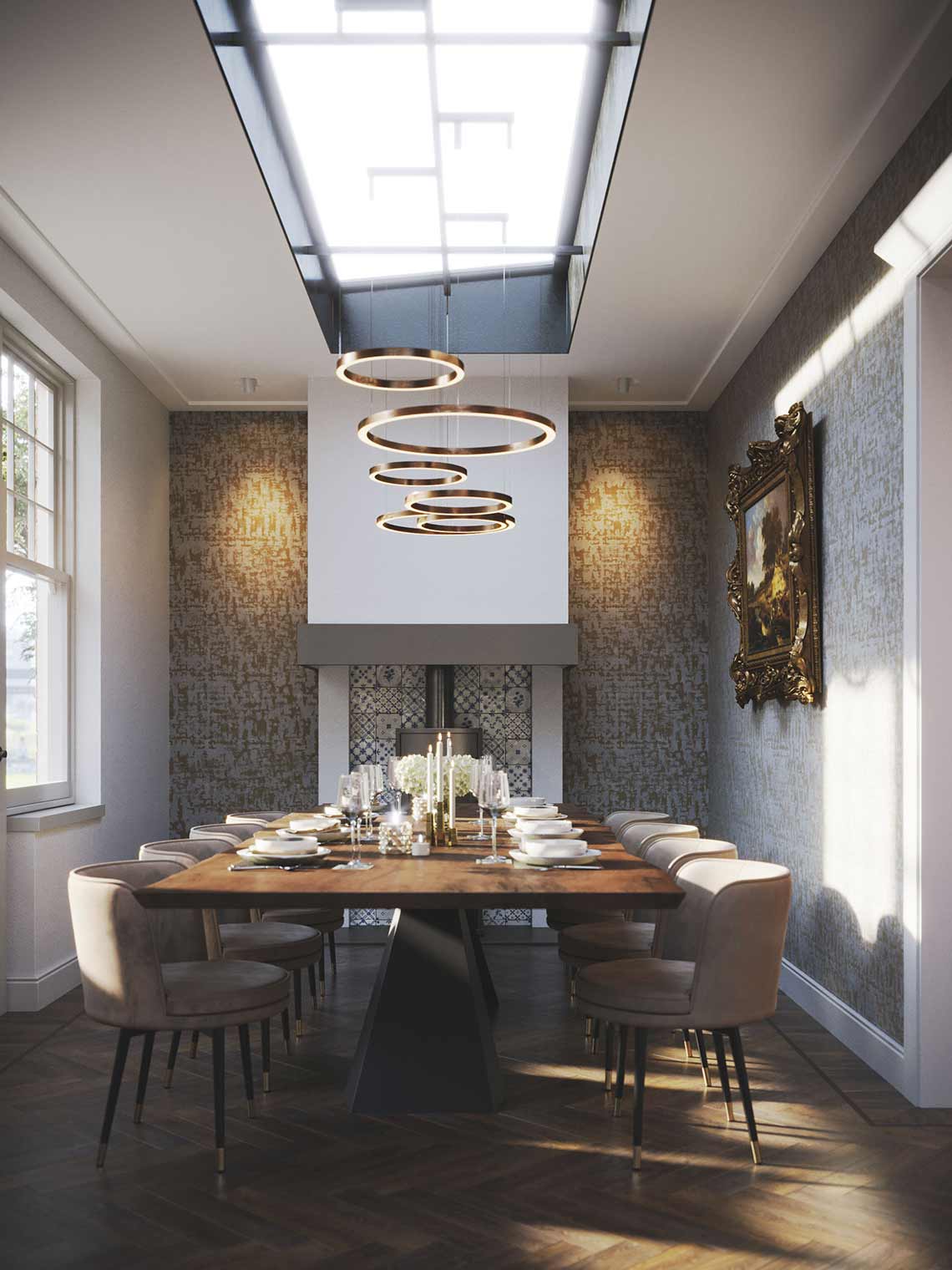 3D-Innenvisualisierung des Essbereichs in einer luxuriösen Amsterdamse-Wohnung