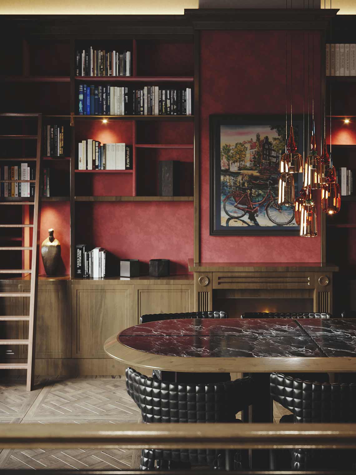 3D-Rendering mit Design-Tabellenansicht im luxuriösen Bibliotheksraum