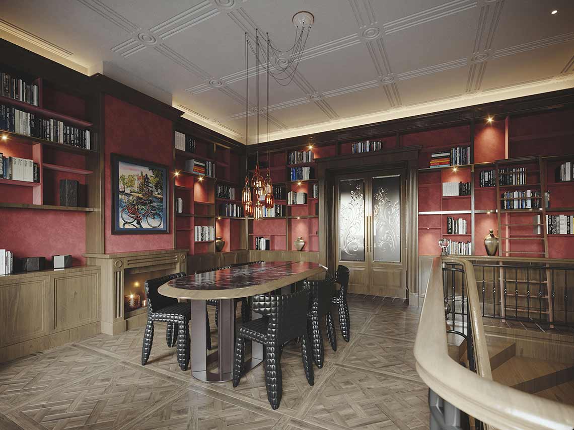3D-Innenvisualisierung des Bibliotheksraums mit Designstühlen und -tisch