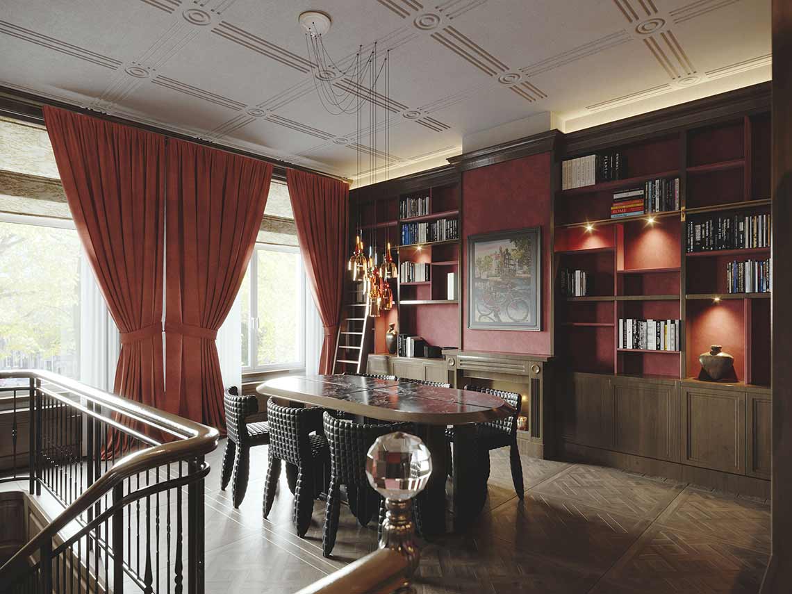 3D-Visualisierung des Bibliotheksraums in einer Luxuswohnung in Amsterdam